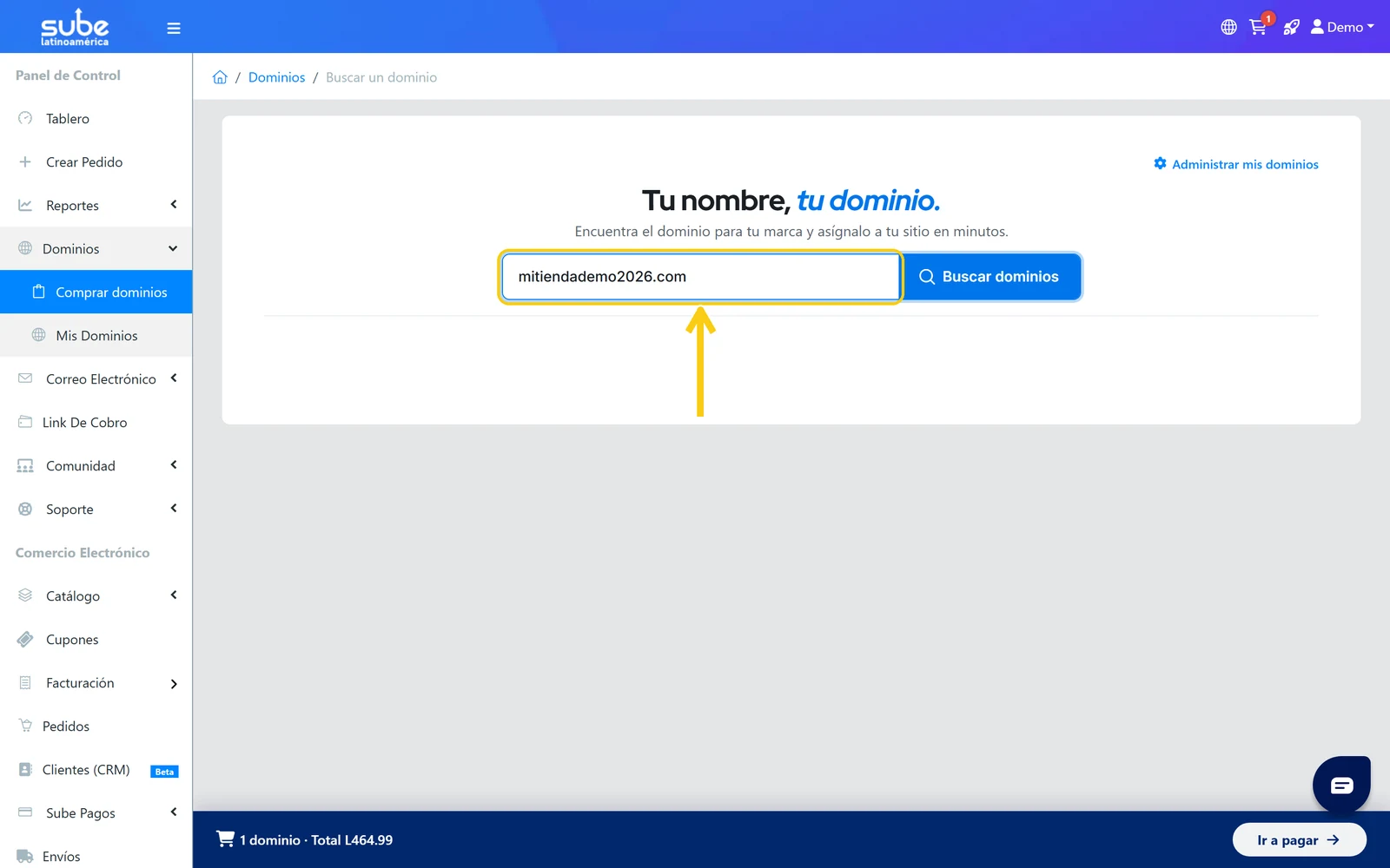 Buscador de dominios de Sube con un nombre escrito y el botón Buscar dominios