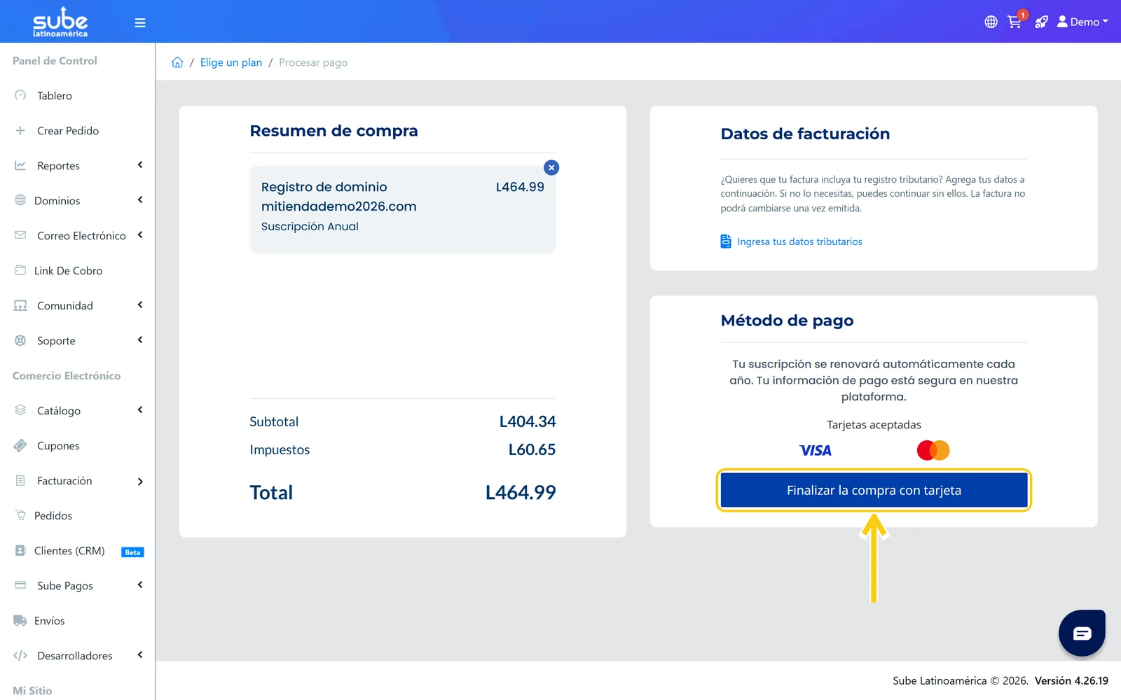 Pantalla de pago de Sube con el resumen de compra y el botón Finalizar la compra con tarjeta
