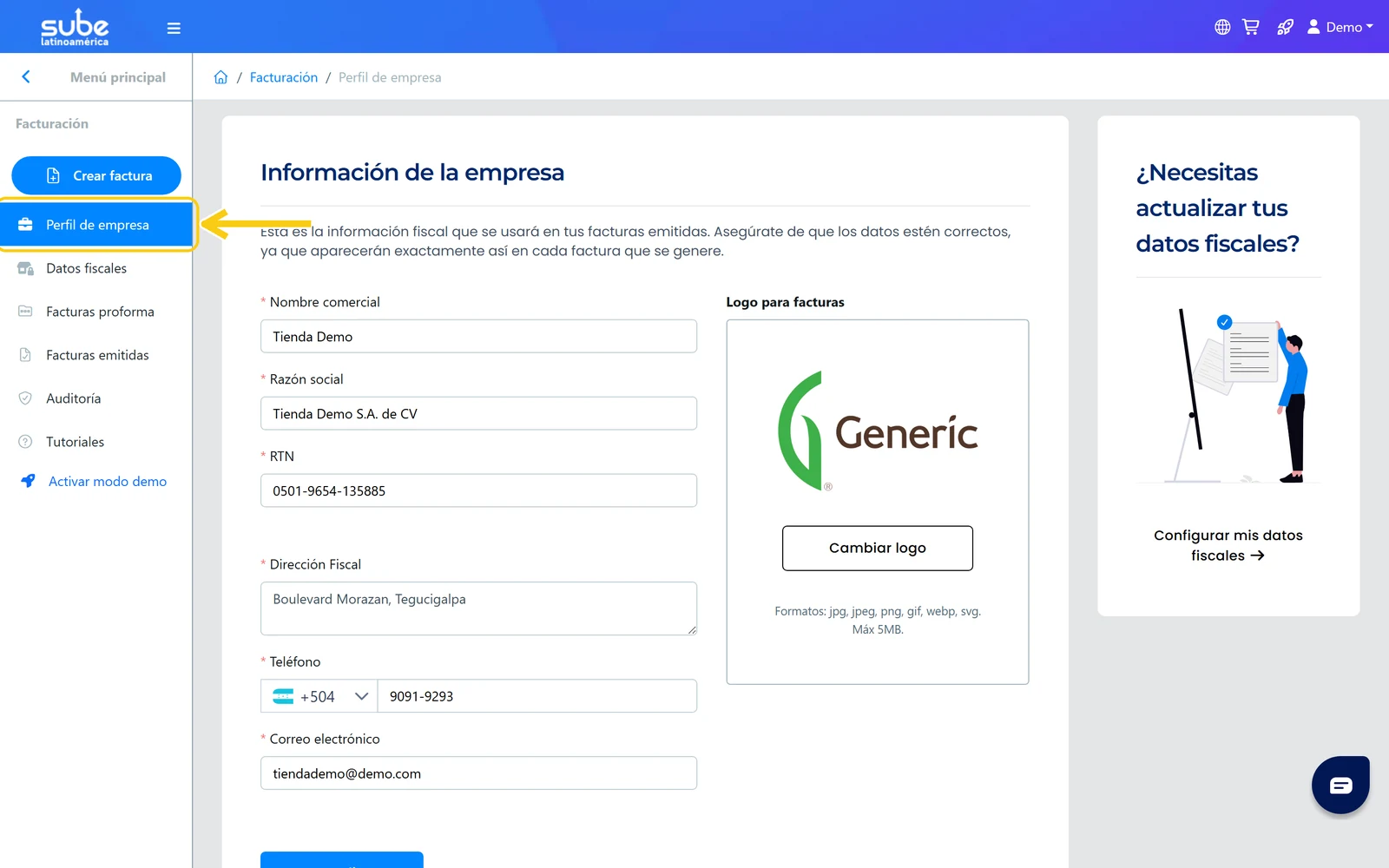 Pantalla Perfil de empresa en Sube con la opción Perfil de empresa resaltada en el menú del módulo de Facturación