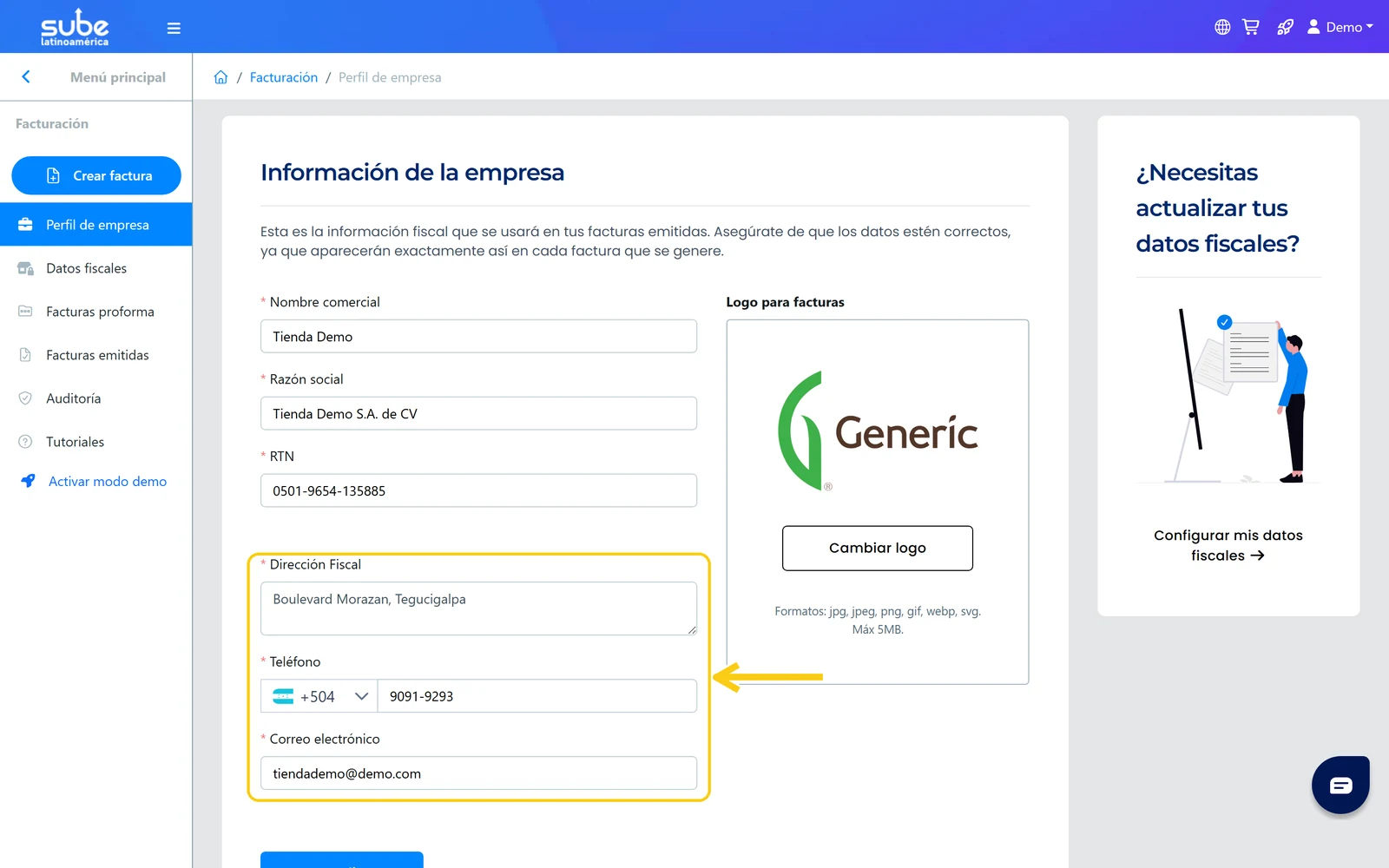 Grupo de campos Dirección Fiscal, Teléfono con código +504 de Honduras y Correo electrónico del perfil de empresa en Sube