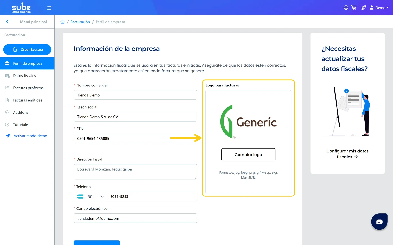 Bloque Logo para facturas del perfil de empresa en Sube con la vista previa del logo, el botón Cambiar logo y los formatos permitidos