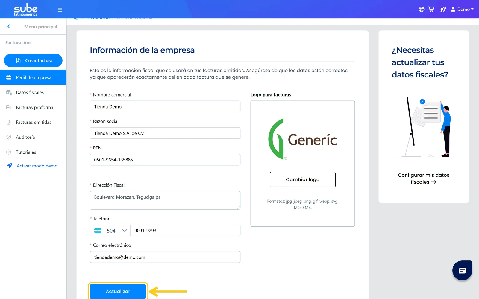Botón Actualizar del perfil de empresa en Sube para guardar la información fiscal