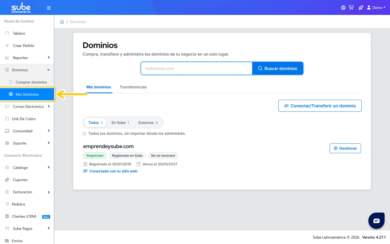 Menú lateral del panel de Sube con la opción Mis Dominios resaltada dentro de la sección Dominios