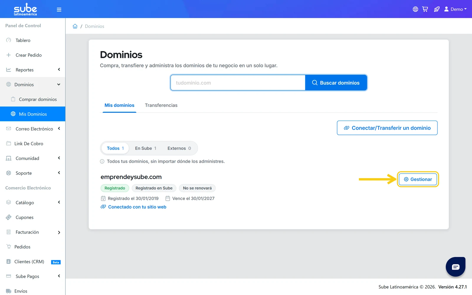Tarjeta del dominio en Mis Dominios de Sube con el botón Gestionar resaltado para abrir la gestión del dominio