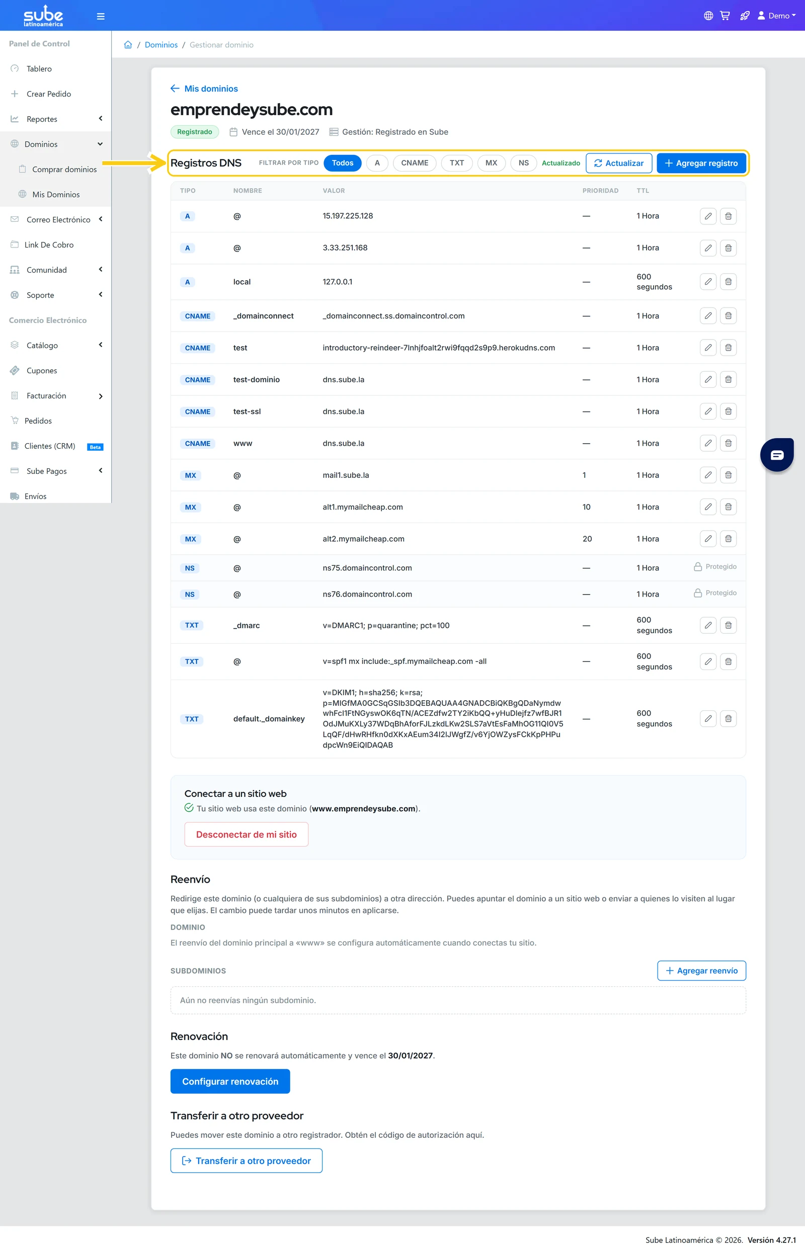 Sección Registros DNS en la página de gestión del dominio en Sube, con el filtro por tipo y el botón Agregar registro