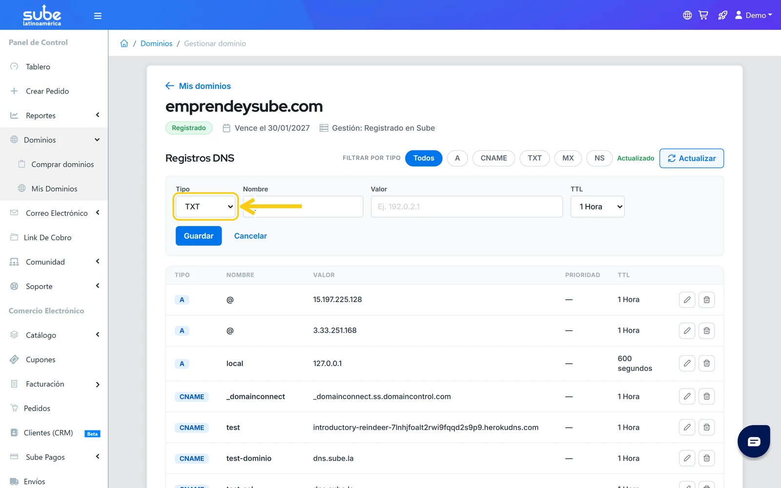 Formulario Agregar registro DNS en Sube con el campo Tipo en la opción TXT seleccionada
