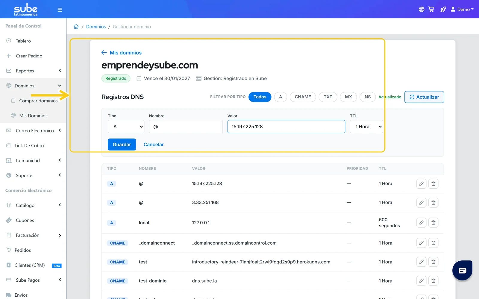Formulario para agregar un registro DNS en Sube con los campos Tipo, Nombre, Valor y TTL y los botones Guardar y Cancelar