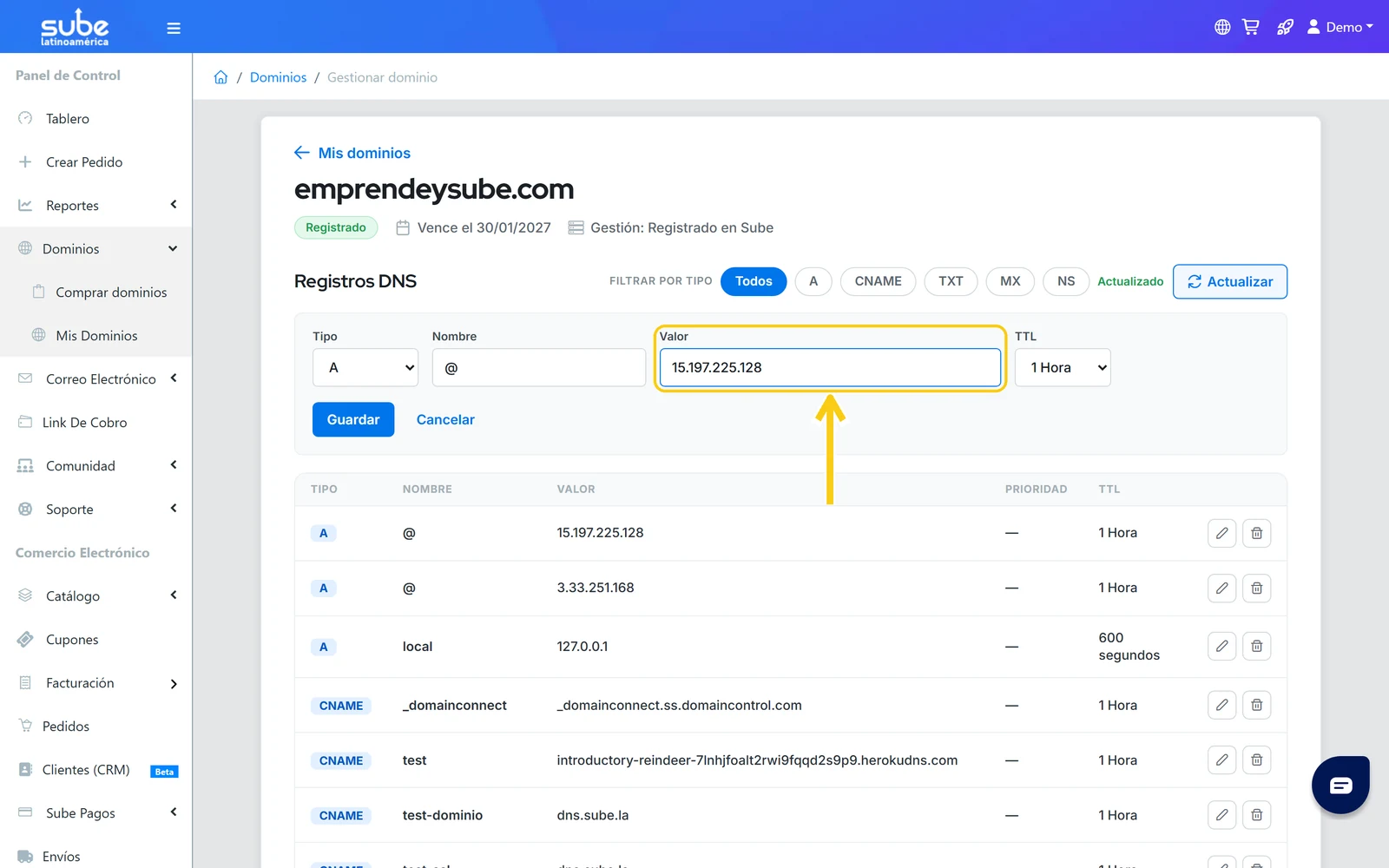 Campo Valor del formulario de registro DNS en Sube donde se ingresa la dirección o dato al que apunta el registro