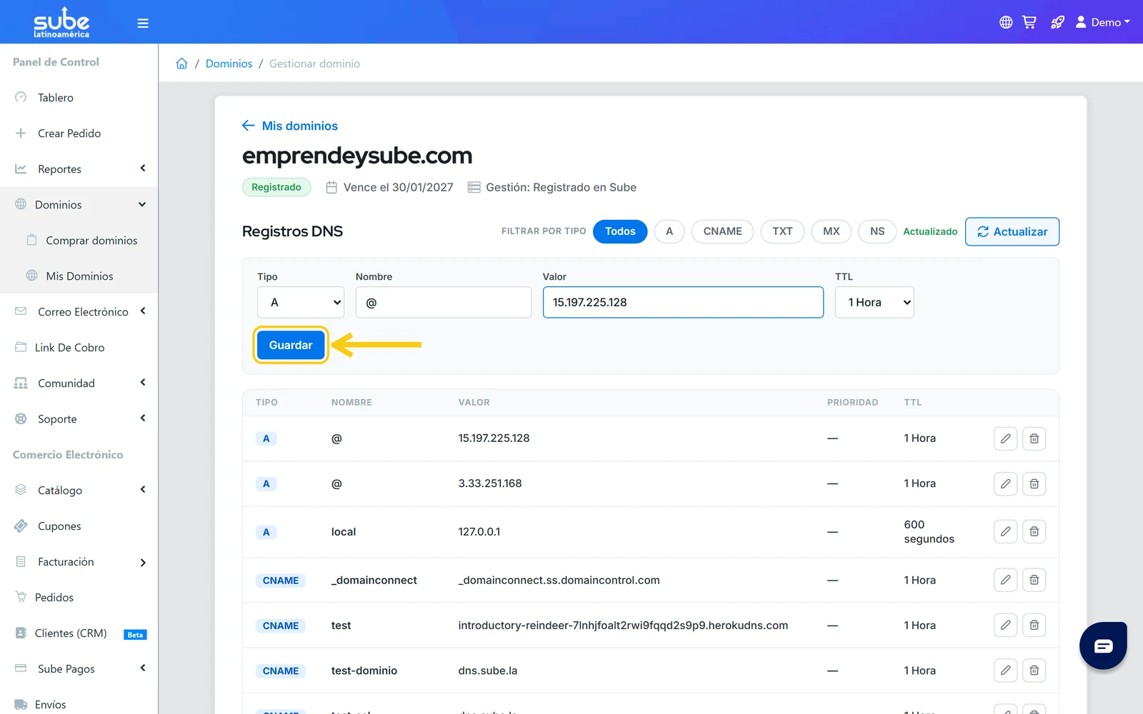 Botón Guardar del formulario de registro DNS en Sube para crear el nuevo registro