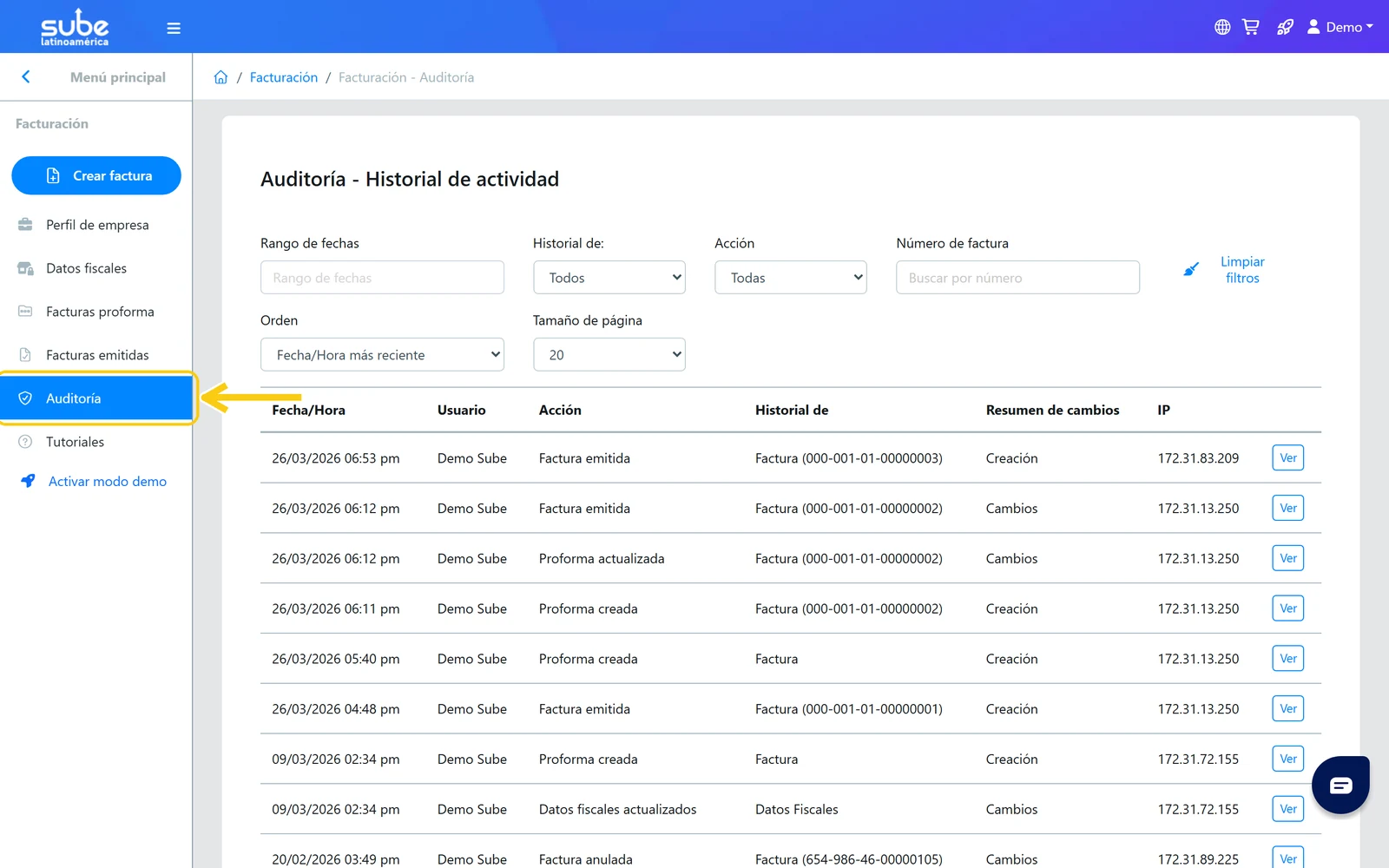 Menú lateral de Facturación en Sube con la opción Auditoría resaltada para abrir el historial de actividad