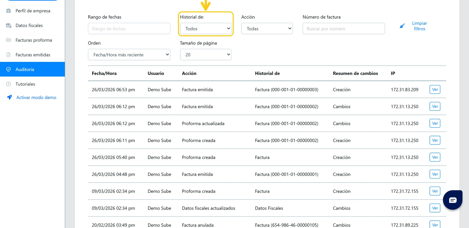 Filtro Historial de en la auditoría de facturación en Sube con las opciones Todos, Factura, Datos Fiscales y Perfil de Empresa