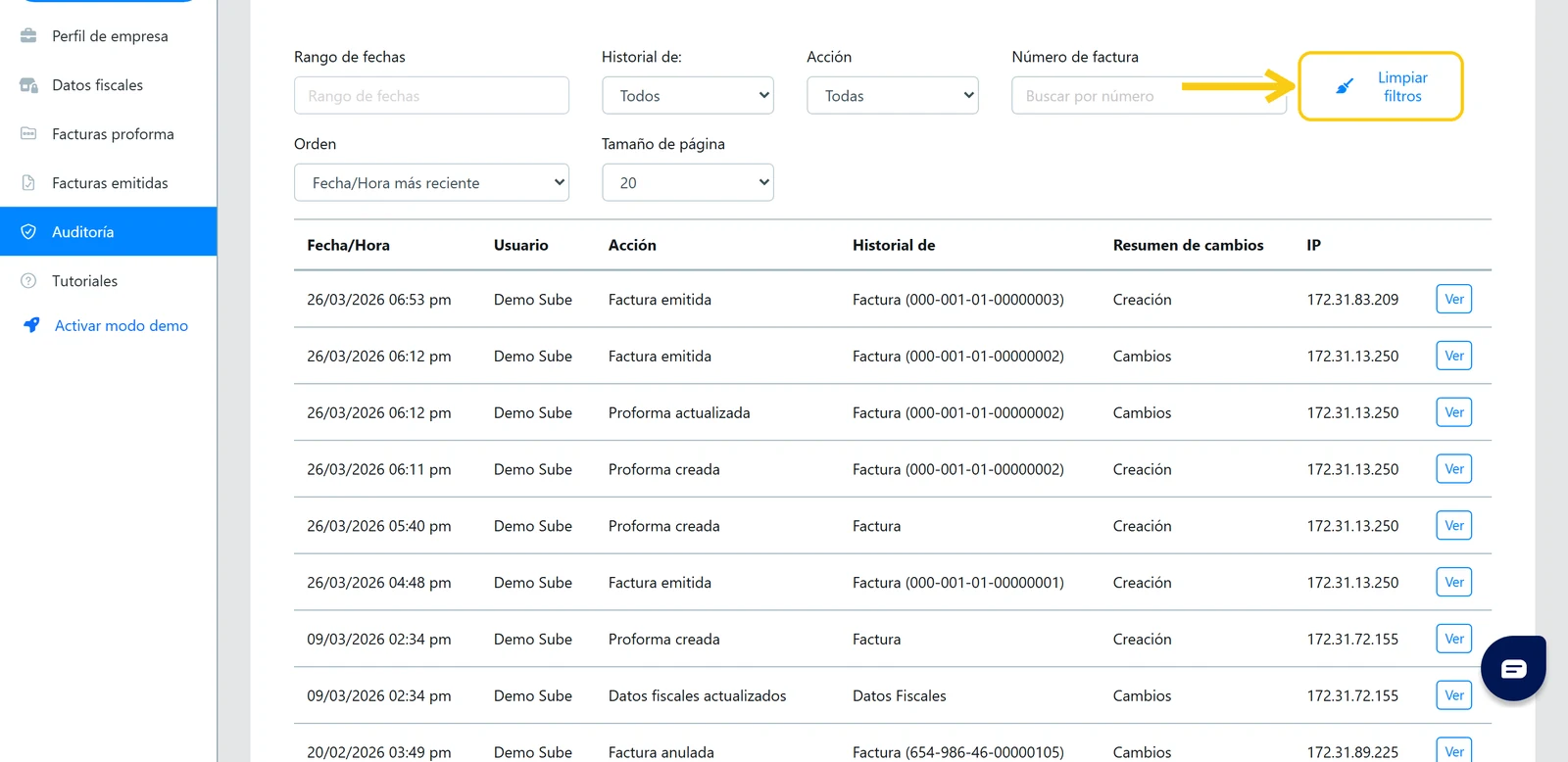 Botón Limpiar filtros en la auditoría de facturación en Sube para restablecer todos los filtros de búsqueda