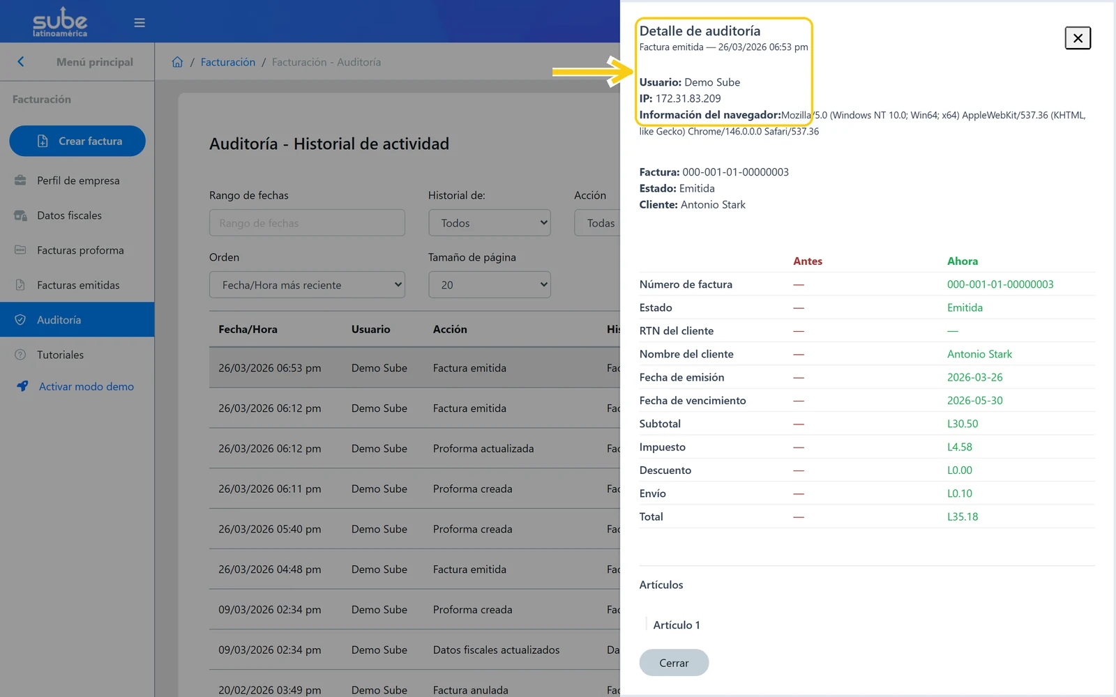 Panel Detalle de auditoría en Sube con el usuario, la dirección IP y la información del navegador del evento