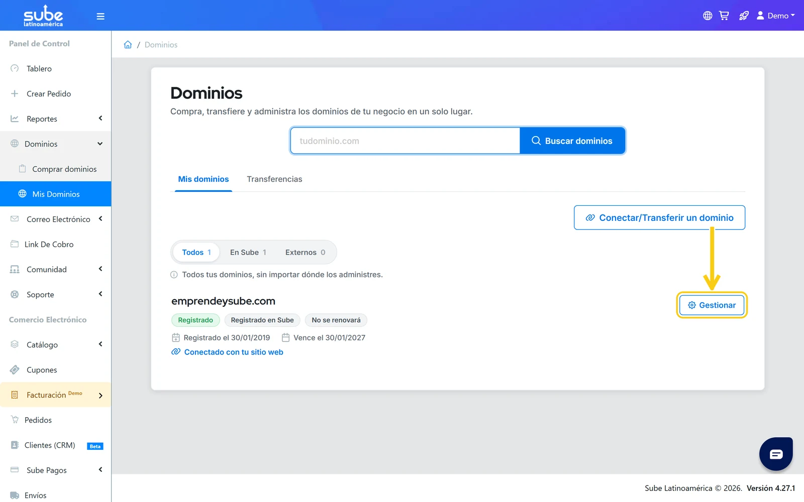 Pantalla Mis dominios de Sube con el botón Gestionar del dominio resaltado para configurar el correo con registros MX en Sube