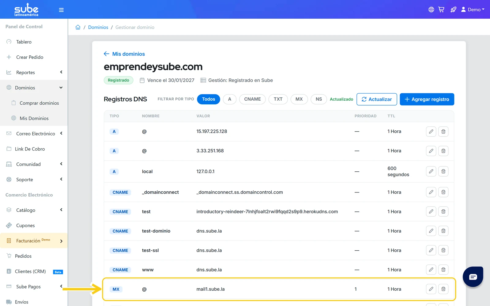 Tabla de Registros DNS mostrando varios registros MX del dominio con distinta prioridad