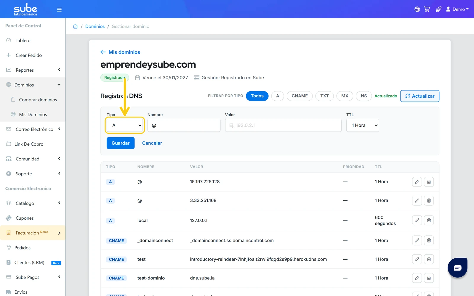 Campo Tipo del formulario de registros DNS en Sube con la opción MX seleccionada para configurar el correo con registros MX