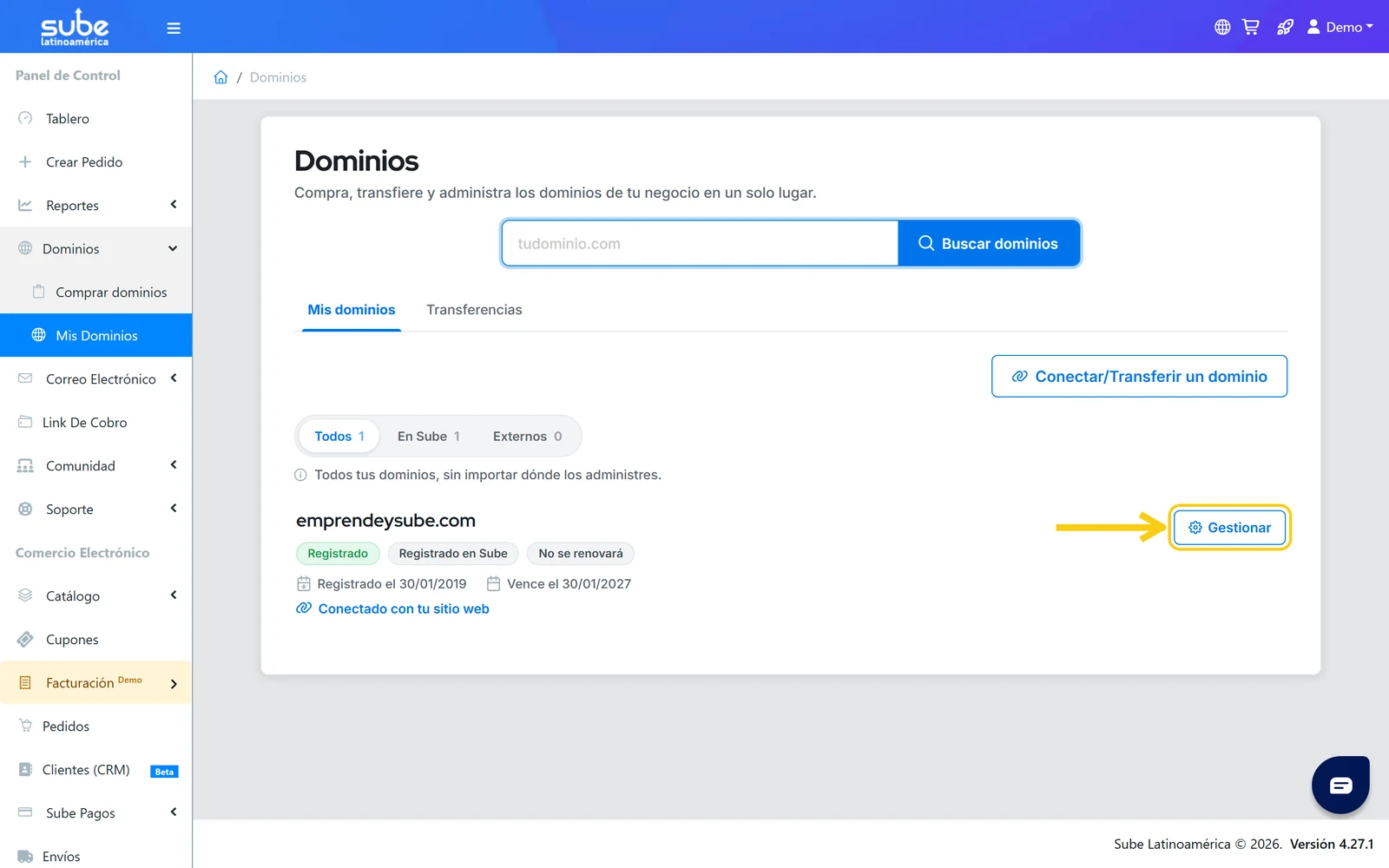 Pantalla Mis dominios de Sube con el botón Gestionar del dominio