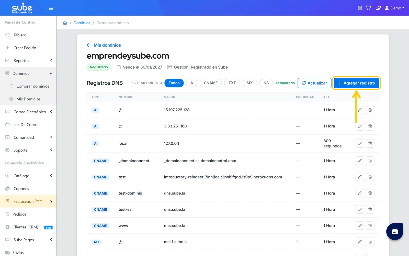Sección Registros DNS de Sube con el botón Agregar registro