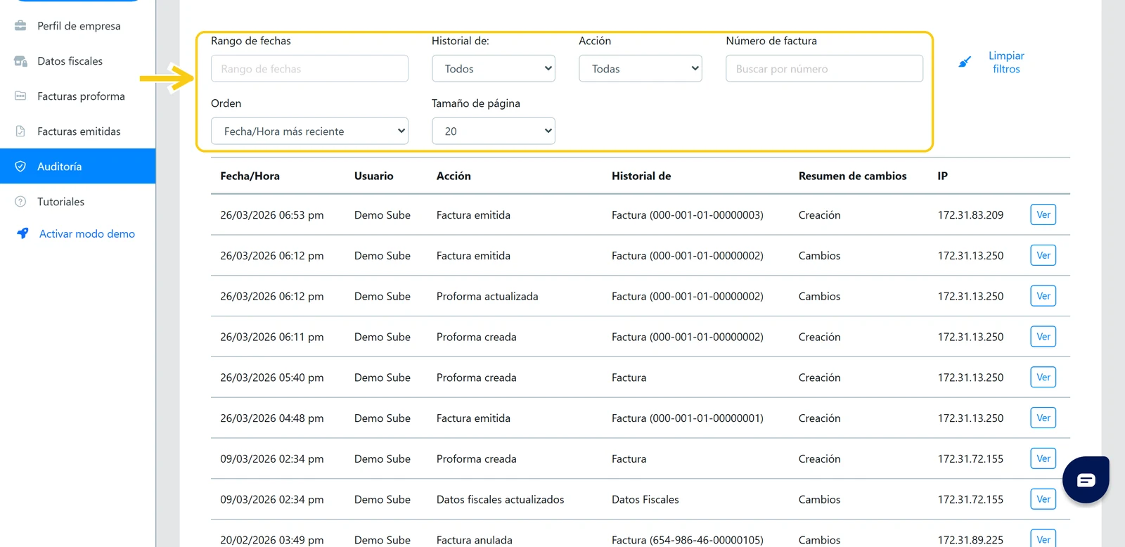Área de filtros de la auditoría de facturación en Sube: rango de fechas, Historial de, Acción, Número de factura, Orden y Tamaño de página