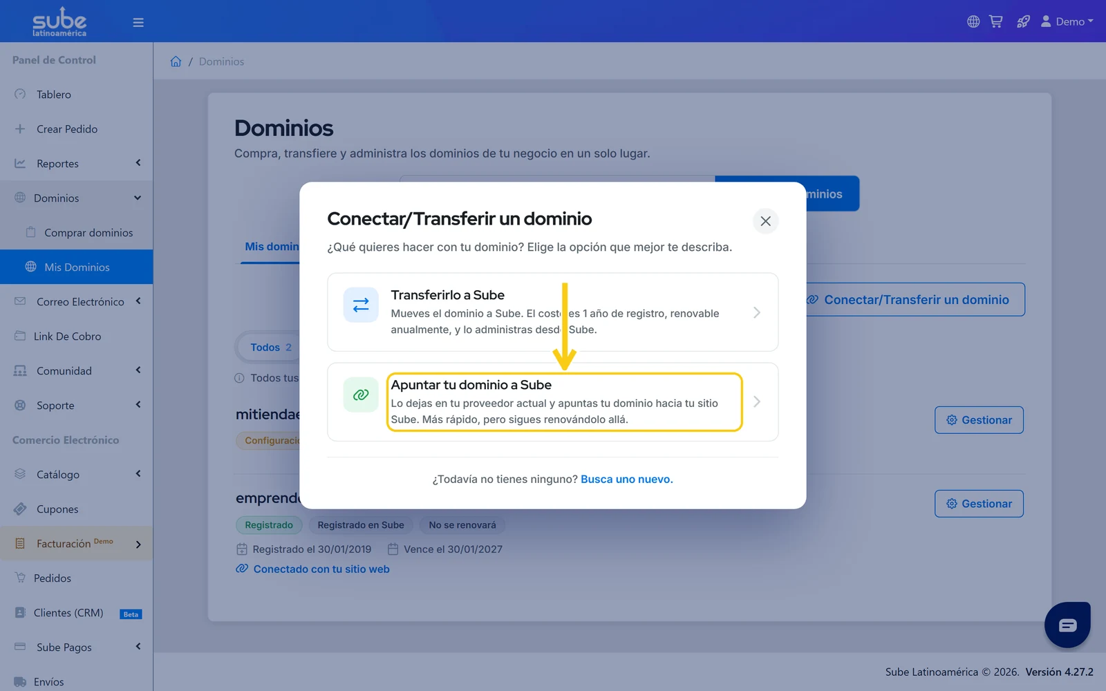 Modal de Sube con la opción Apuntar tu dominio a Sube para conectar un dominio externo