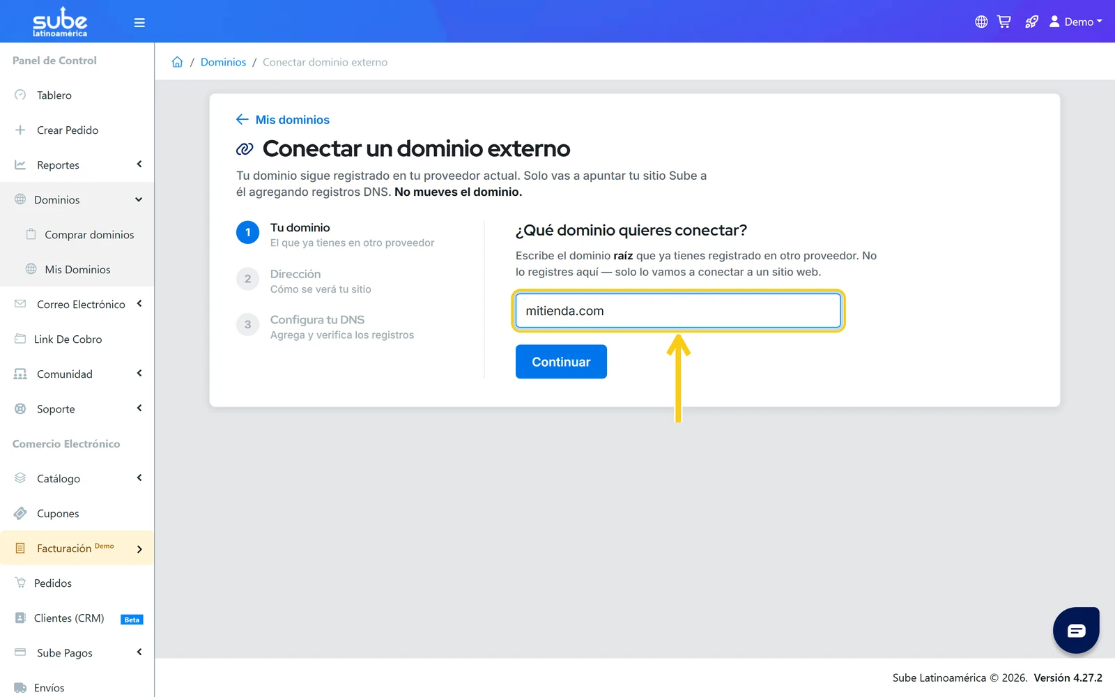 Paso 1 del asistente para usar un dominio externo en Sube: escribir el dominio raíz y pulsar Continuar