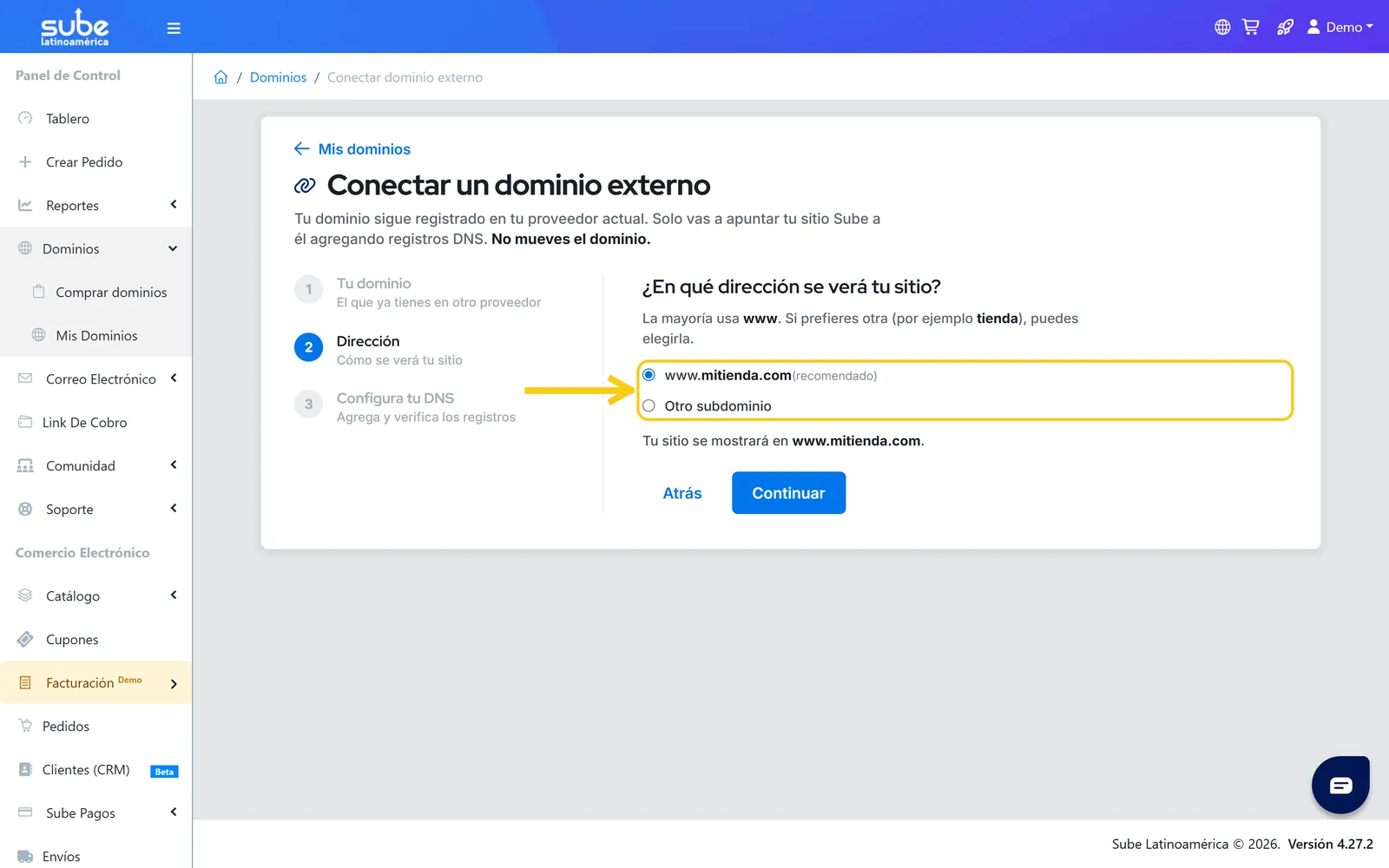 Paso 2 del asistente: elegir la dirección www.tudominio.com recomendada para tu sitio