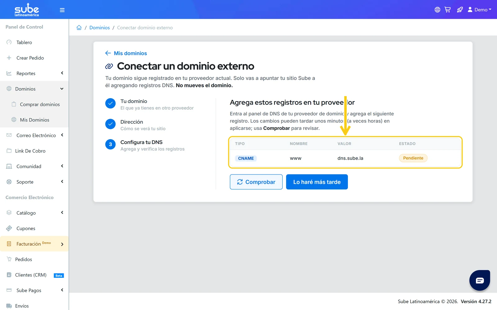 Paso 3 del asistente: tabla del registro CNAME con nombre www y valor dns.sube.la, y el botón Comprobar