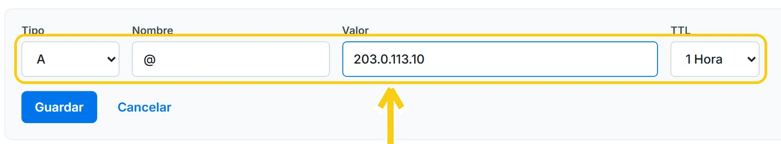 Formulario de registro A en Sube con Nombre @ y Valor con una dirección IP para apuntar la raíz del dominio a otro proveedor