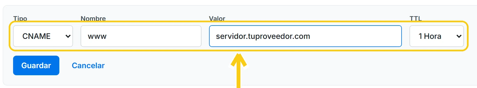 Formulario de registro CNAME en Sube con Nombre www y Valor con el nombre de host para apuntar tu dominio de Sube a otro proveedor