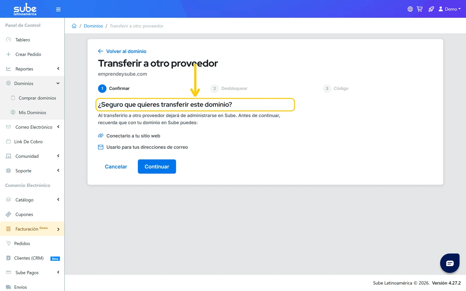 Paso 1 del asistente para transferir tu dominio de Sube a otro proveedor: confirmar la transferencia