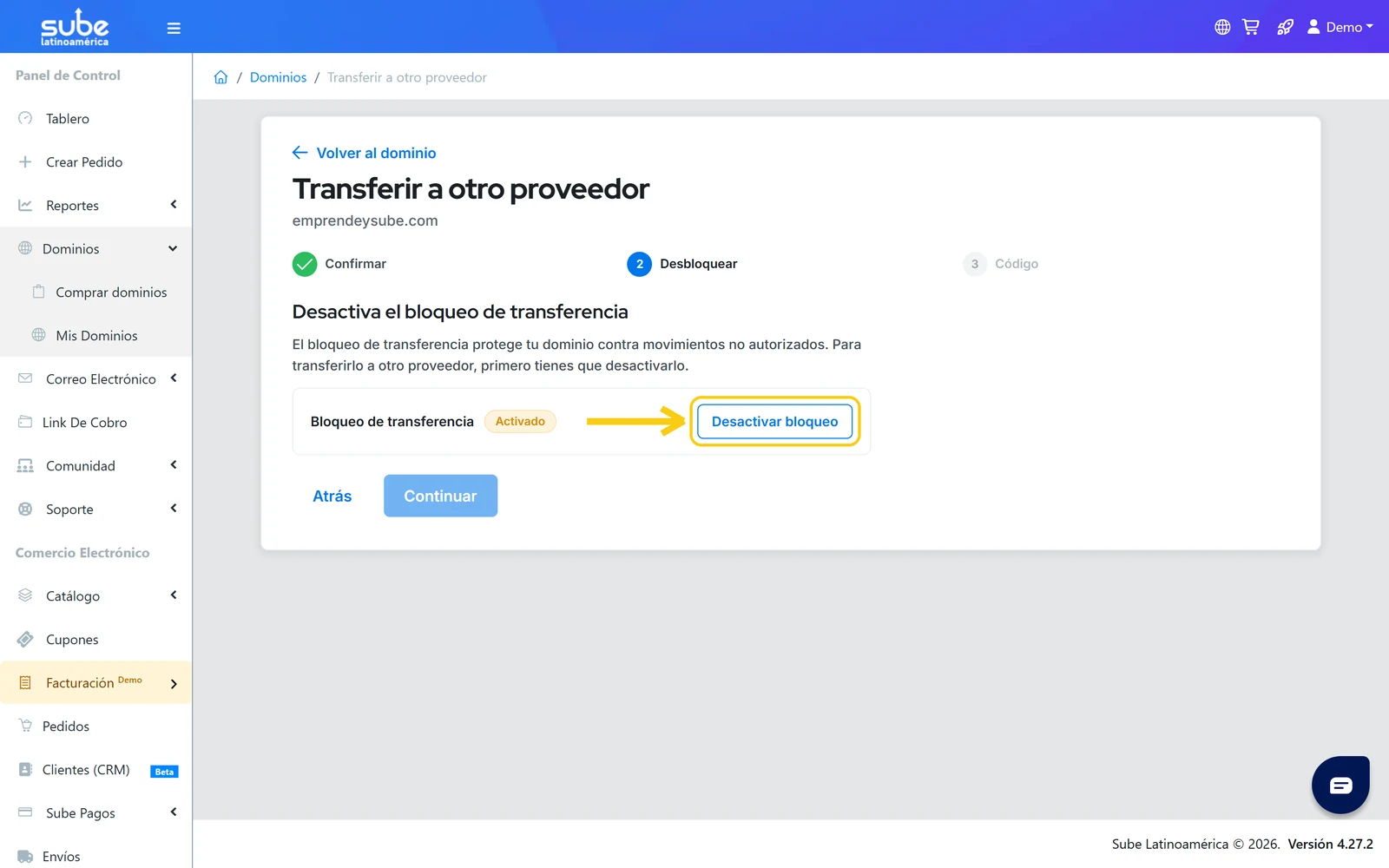 Paso 2 del asistente de transferencia en Sube: desactivar el bloqueo de transferencia del dominio