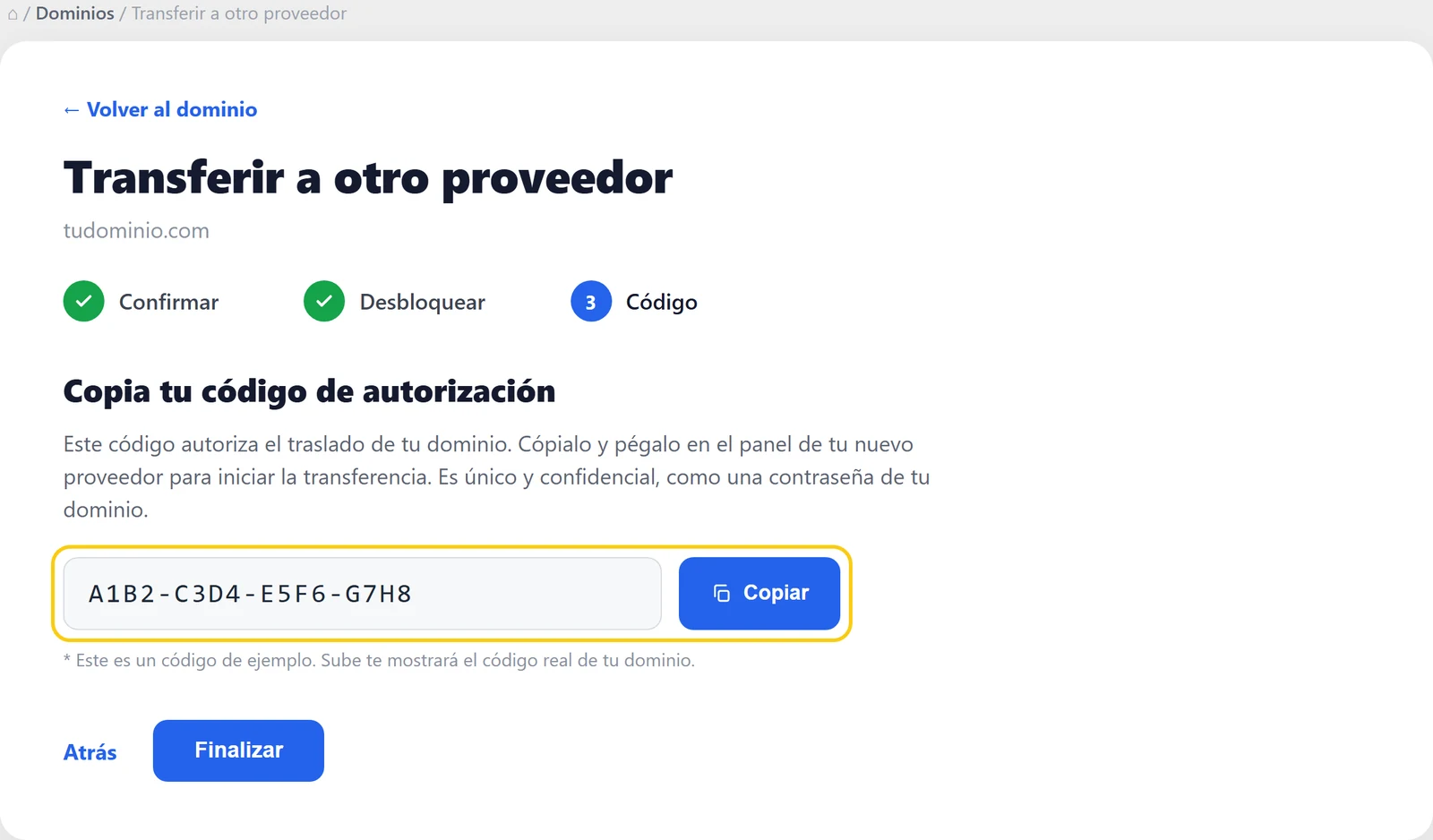 Ejemplo ilustrativo de la pantalla del paso Código en Sube: muestra el código de autorización de la transferencia y el botón Copiar