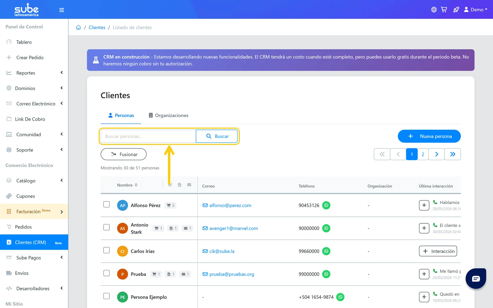 Pestaña Personas del CRM de Sube con el buscador de clientes y el listado de personas