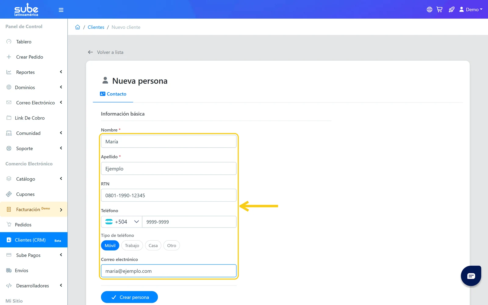 Formulario para crear un perfil de persona en el CRM de Sube con los campos Nombre, Apellido, RTN, Teléfono y Correo electrónico