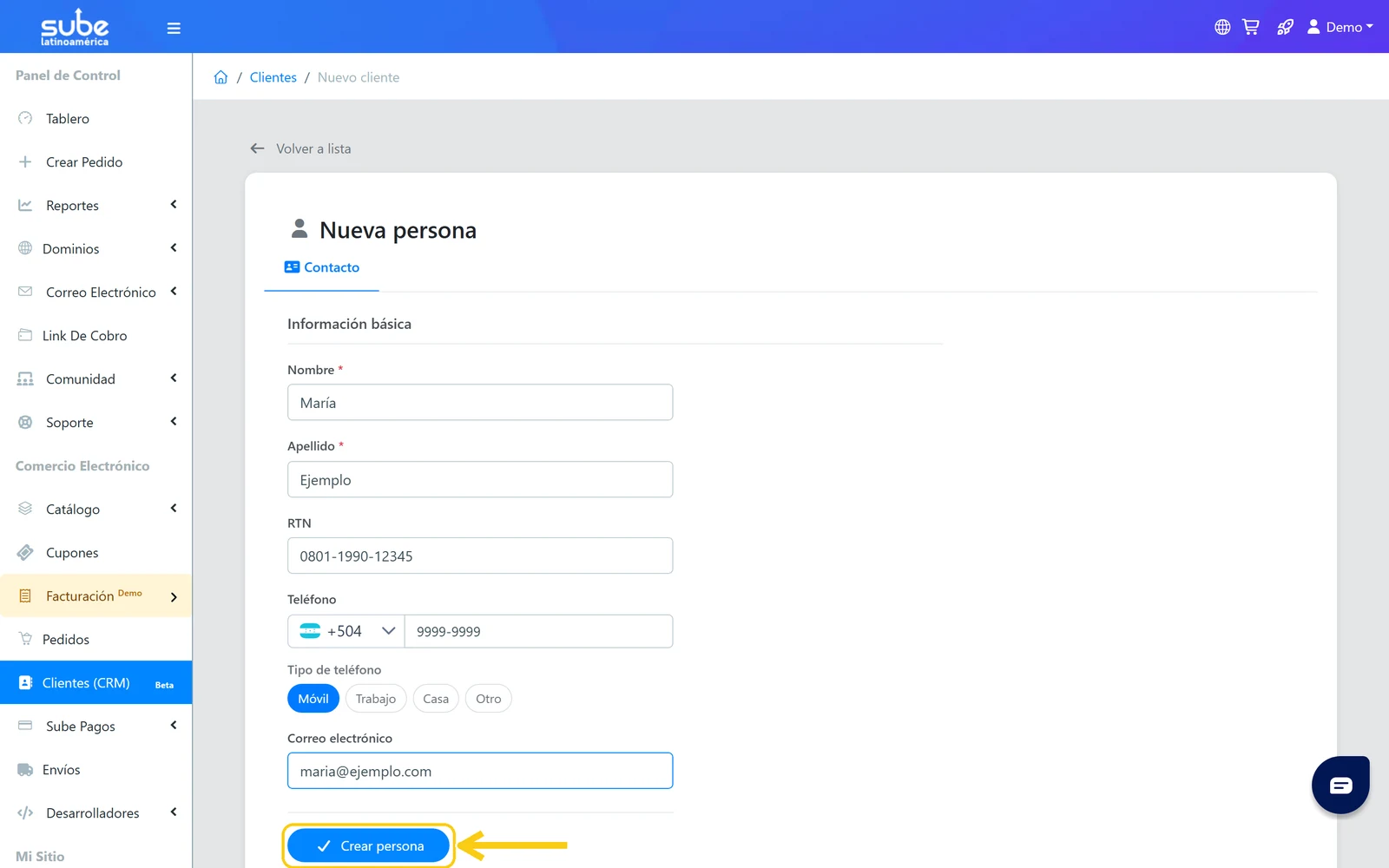 Formulario del CRM de Sube con el botón Crear persona resaltado para guardar el nuevo perfil