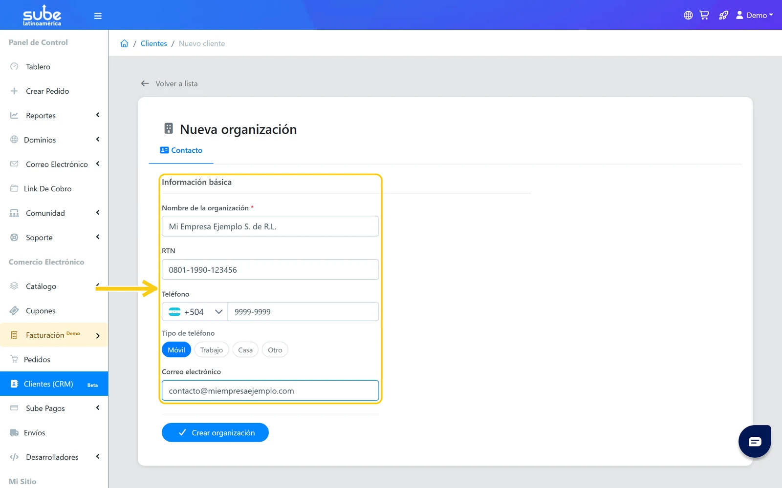 Formulario para crear un perfil de empresa en el CRM de Sube con los campos Nombre de la organización, RTN, Teléfono y Correo electrónico