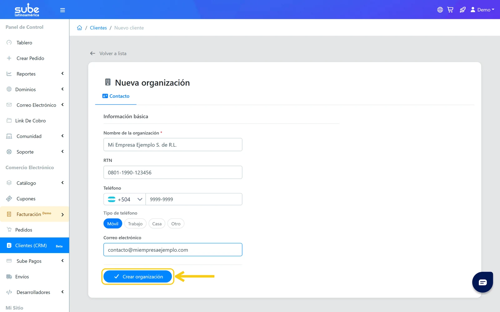 Botón Crear organización al final del formulario del perfil de empresa en el CRM de Sube