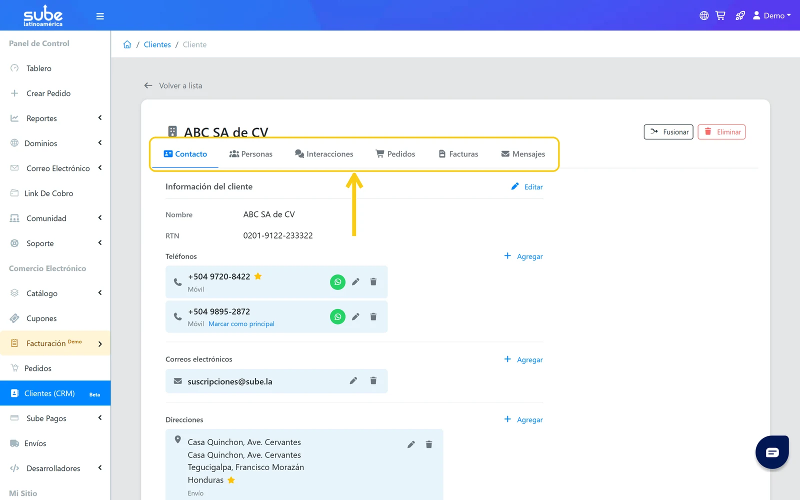 Perfil de una empresa en el CRM de Sube con las pestañas Contacto, Personas, Interacciones, Pedidos, Facturas y Mensajes