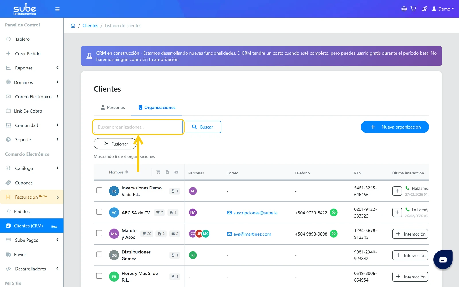 Buscador de organizaciones en la lista de clientes del CRM de Sube