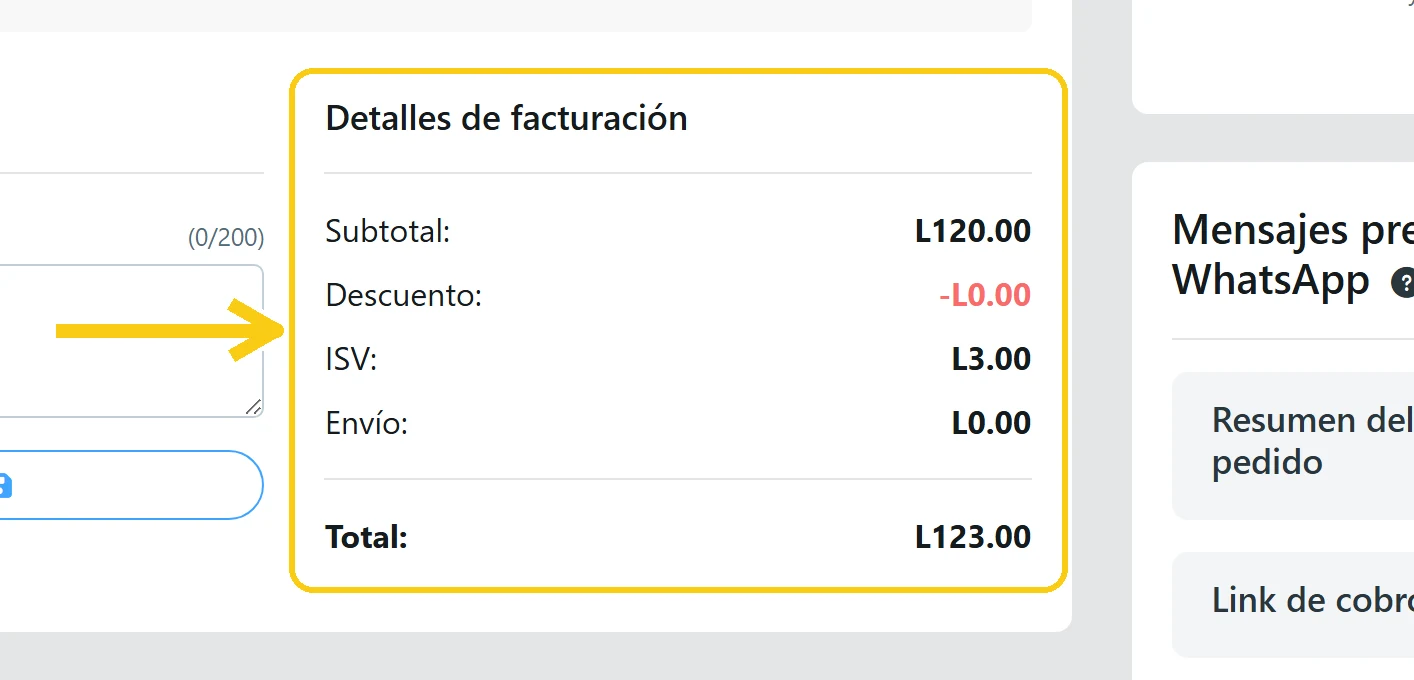 Detalle de facturación de un pedido con Subtotal, Descuento, ISV, Envío y Total