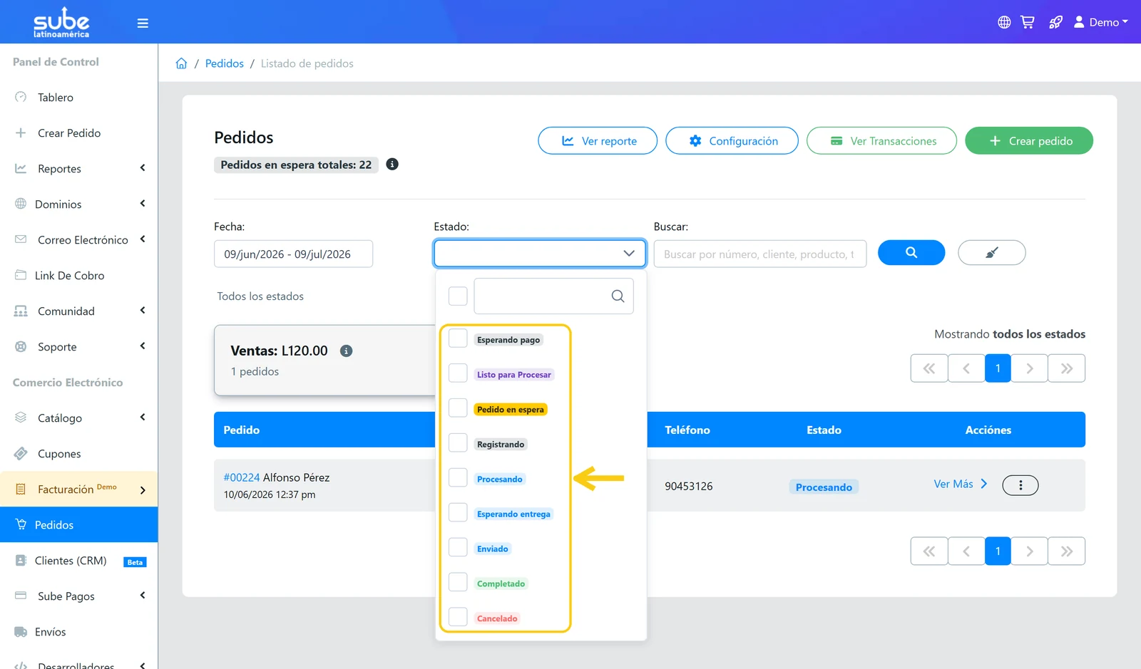 Filtro de estado abierto en el panel de Sube mostrando los nueve estados de un pedido para buscar pedidos en Sube: Esperando pago, Listo para Procesar, Pedido en espera, Registrando, Procesando, Esperando entrega, Enviado, Completado y Cancelado