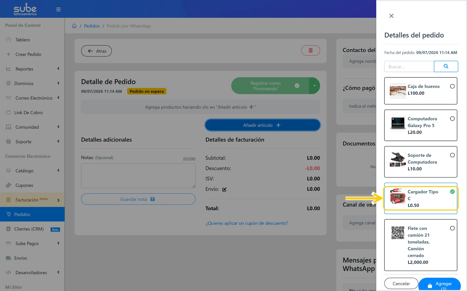 Panel Detalles del pedido mostrando la lista de productos con uno seleccionado para agregarlo al pedido