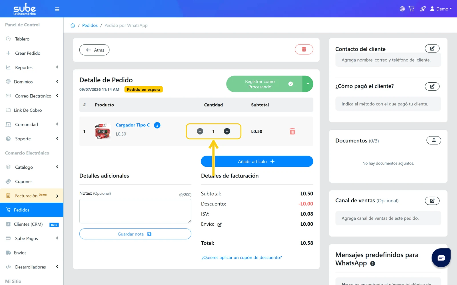 Fila del producto en el pedido con el control para aumentar o reducir la cantidad y el subtotal