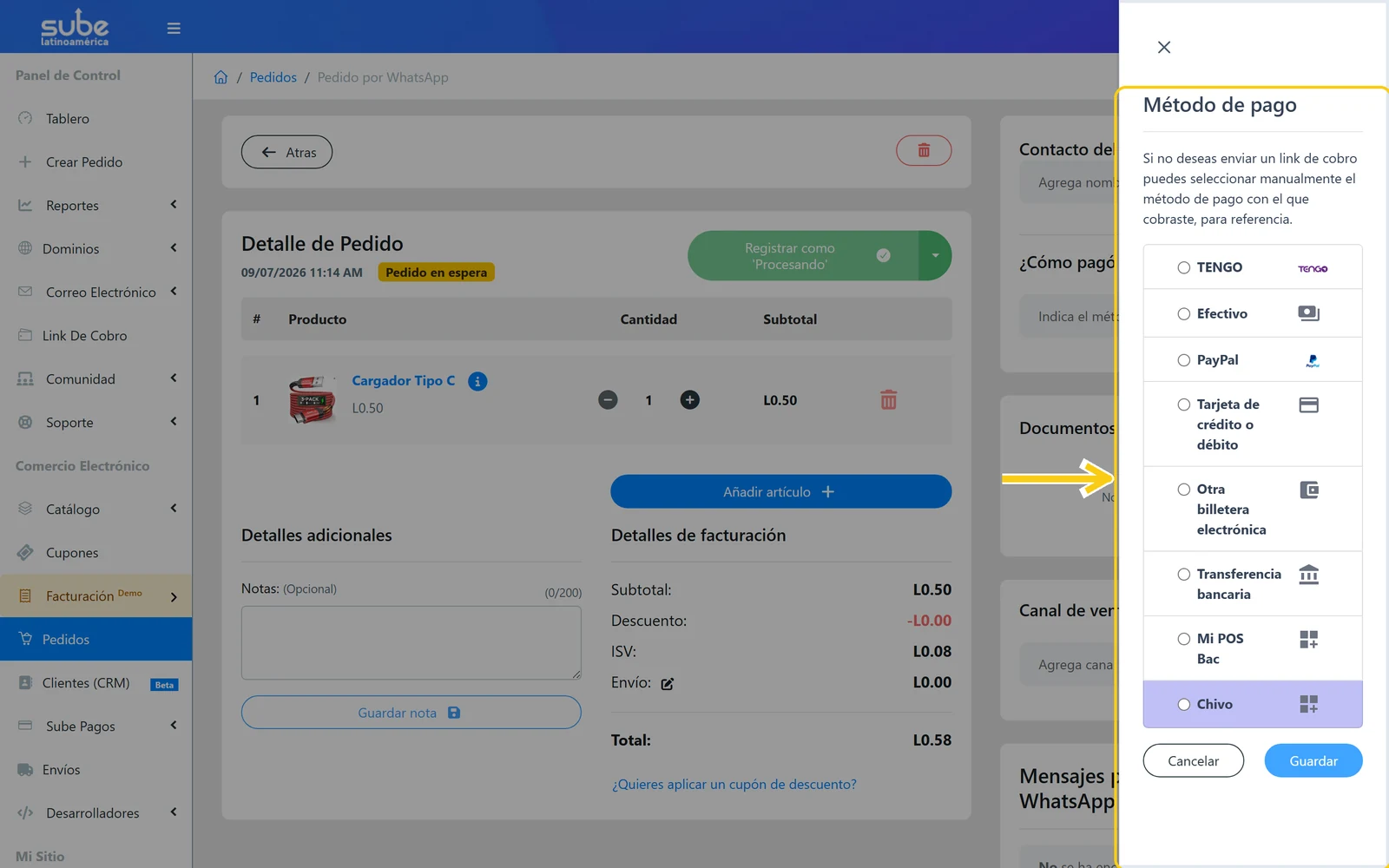 Panel Método de pago para indicar de forma opcional con qué método pagó el cliente el pedido