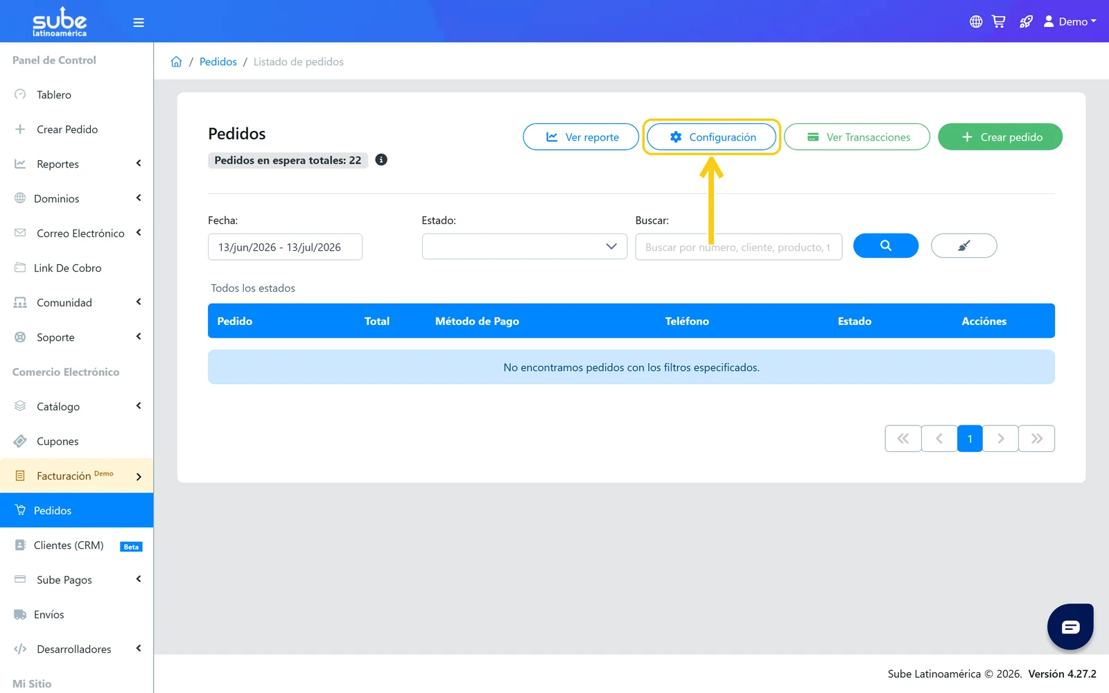 Pantalla de Pedidos en Sube con el botón Configuración resaltado en la barra de acciones