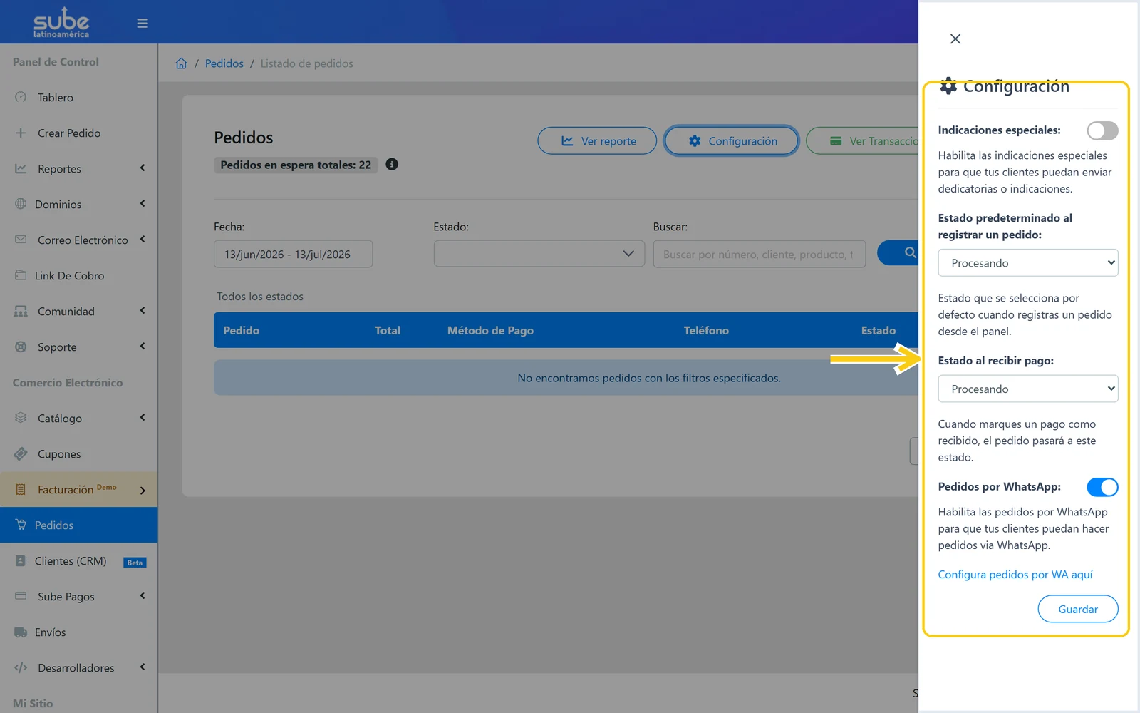 Panel lateral de Configuración de pedidos en Sube con los ajustes generales y el botón Guardar