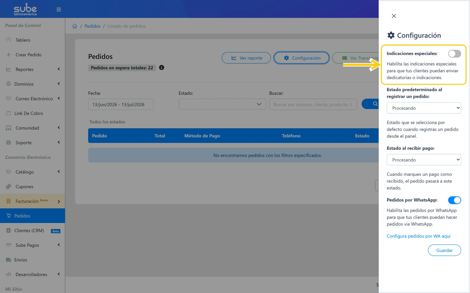 Ajuste Indicaciones especiales resaltado para permitir que los clientes envíen dedicatorias o indicaciones