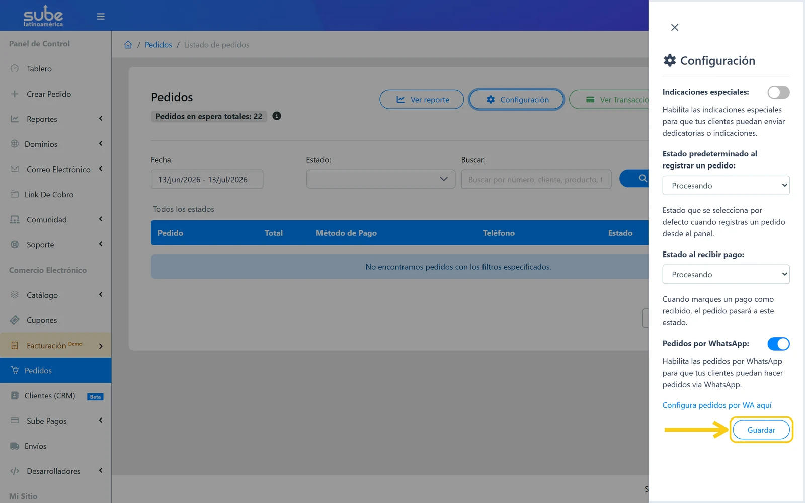Botón Guardar resaltado para guardar la configuración de pedidos en Sube