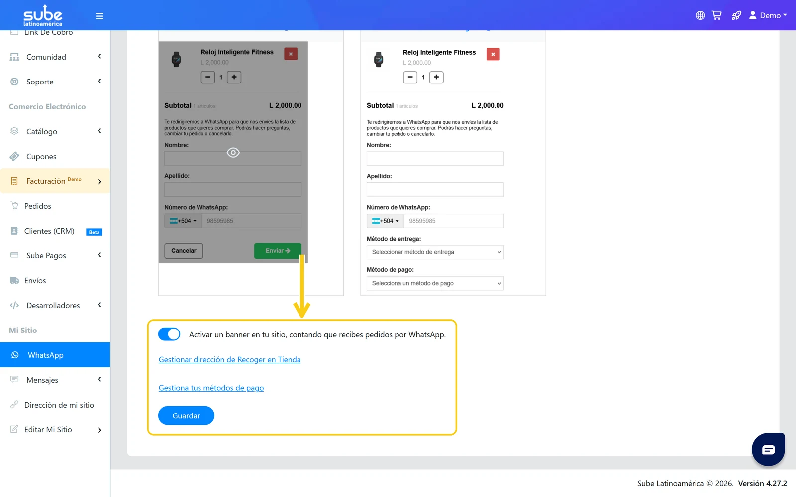 Interruptor del banner de pedidos por WhatsApp y botón Guardar en Sube
