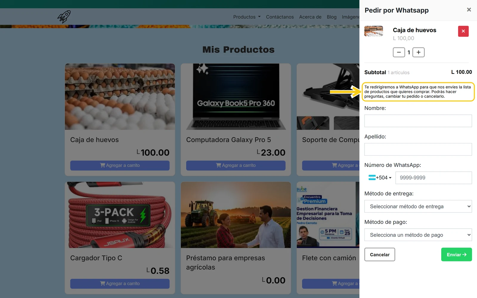 Formulario Pedir por WhatsApp que avisa que el cliente será redirigido a WhatsApp